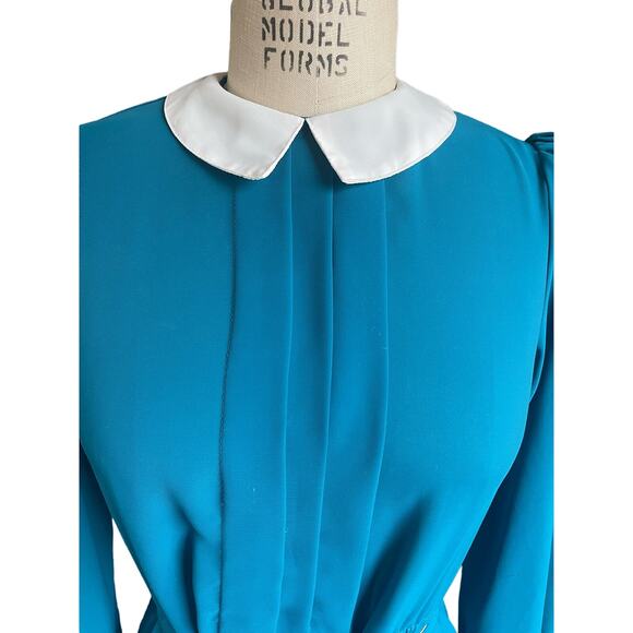 Vintage 70s 80s Turquoise Sheer Fit & Flare Knee Length Collared Dress Size 8 - Picture 4 of 7
